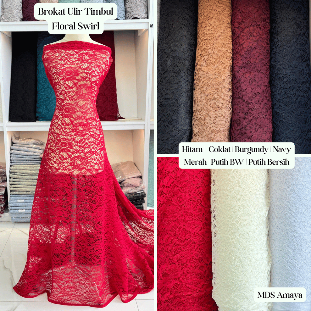 Brokat Ulir Timbul Motif Bunga Floral Swirl MDS Amaya | Kain Lace Kebaya Halus Lembut