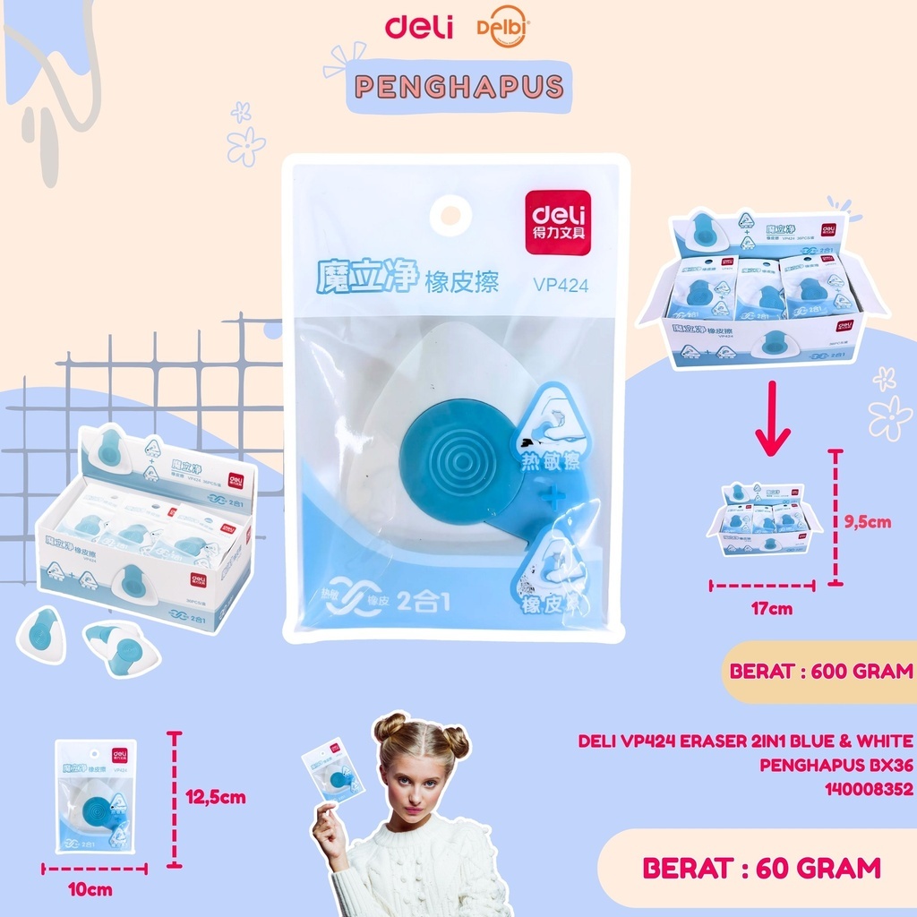 

DELI ERASER 2IN1 BLUE & WHIT PENGHAPUS PENSIL
