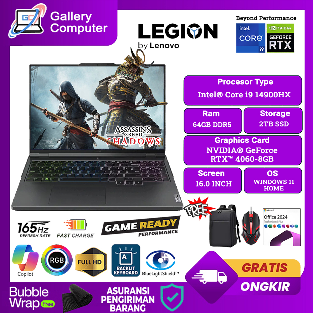 Laptop Gaming baru Lenovo Legion 5i 16 Intel Core i9 14900HX Nvidia RTX4060-8GB Ram 64GB 2TB SSD WQX
