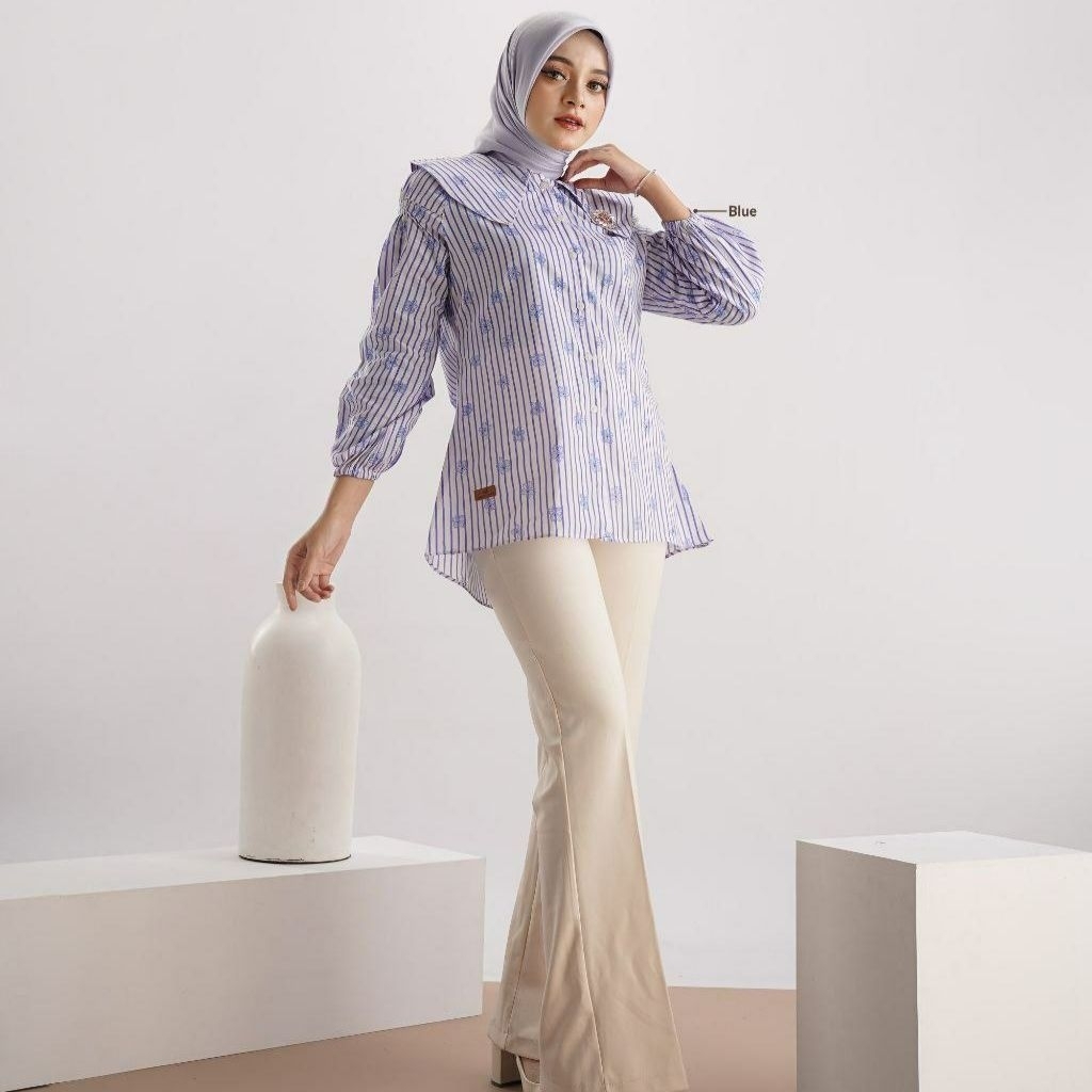Mooza Blouse ORI by Nadheera Luxury | Cotton Premium - Motif Striped Floral - Busui Friendly Wudhu F