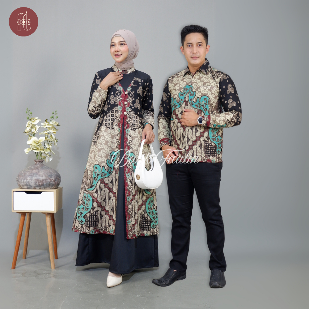 Batik Faatin | Gamis Batik Couple Katun Kombinasi Polos toyobo premium | Batik Couple Gamis Terbaru 