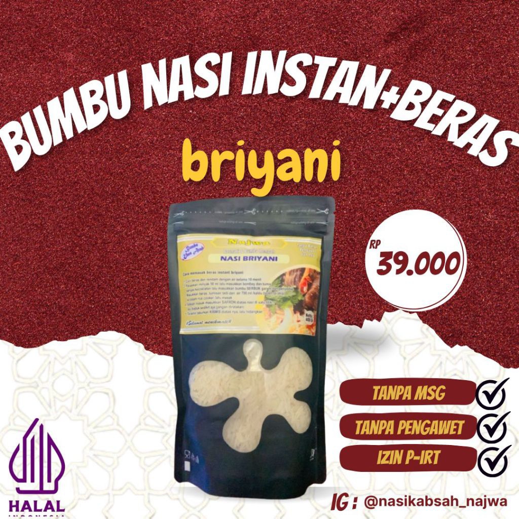 

beras dan bumbu instan - basmati 400gr + bonus kismis - (bumbu kabsah, briyani, Bukhori, Mandhi, kebuli)