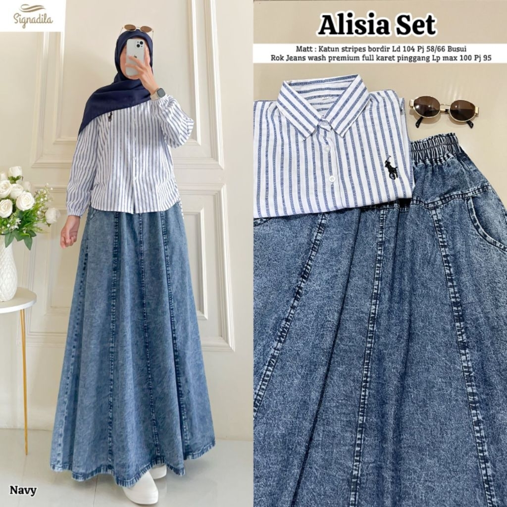 Setelan Alisia & Frida Set – Baju Stripe Bordir + Rok Jeans Wanita Muslimah Kekinian (Blue & Navy)