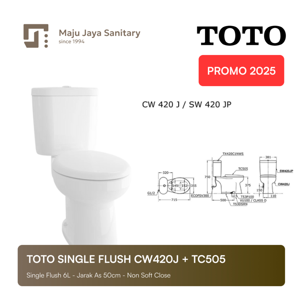 TOTO Closet Duduk CW 420 J Kloset Single Flush Paket Jet Shower Eco Washer
