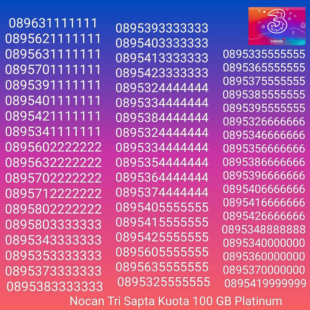 Nomor Cantik Nocan Sapta Kartu Perdana Tri Three 4G LTE Kuota 100GB Prabayar Platinum