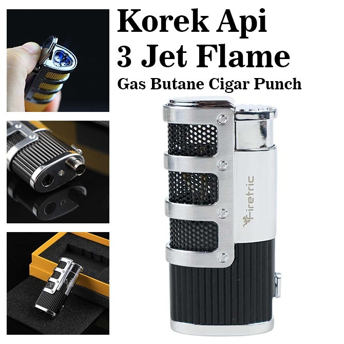 Korek Api Torch Lighter 3 Jet Flame Gas Butane + Cigar Punch