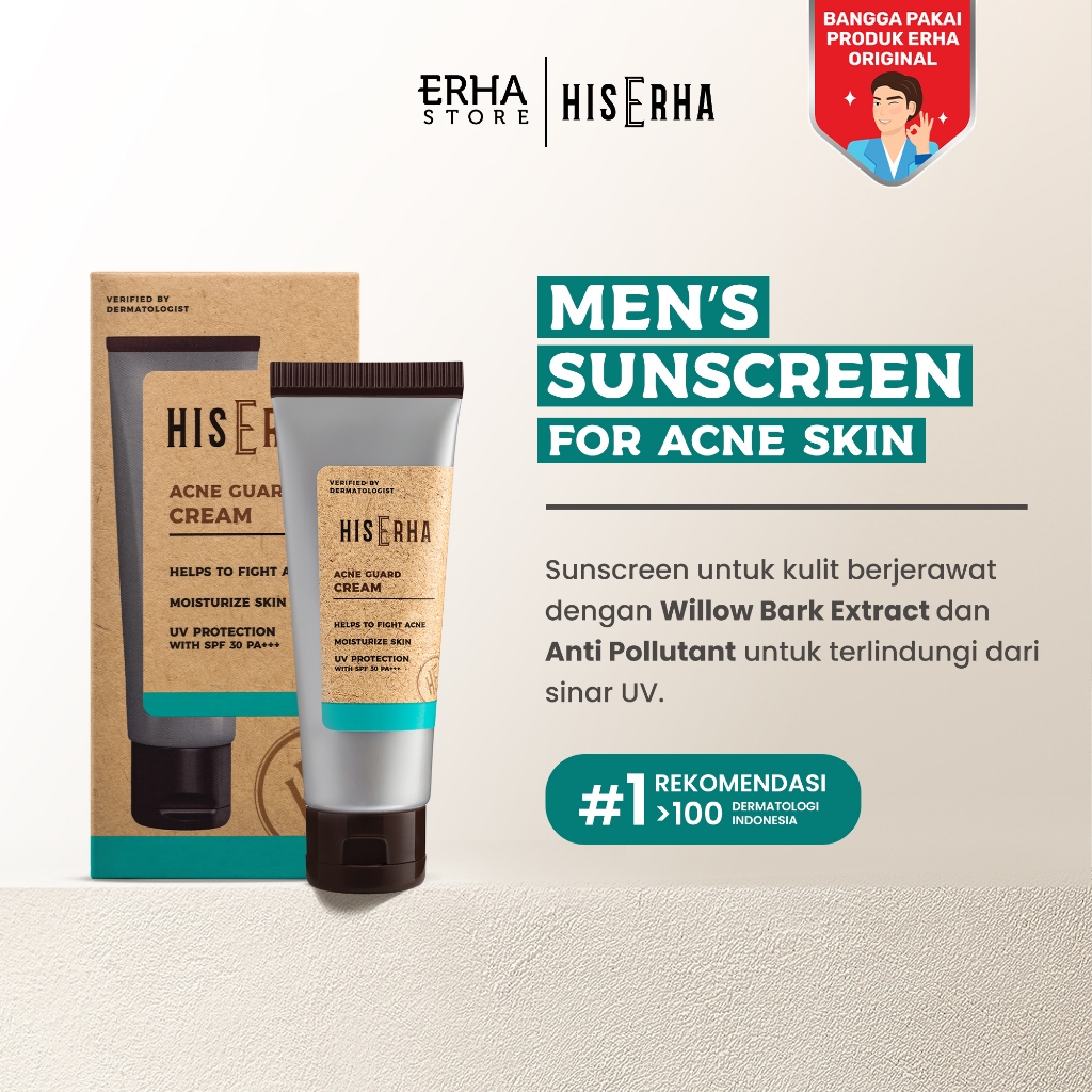 His Erha Acne Guard Cream 20g – Sunscreen Pelembap Wajah Pria Aman untuk Kulit Berjerawat, SPF30/PA+