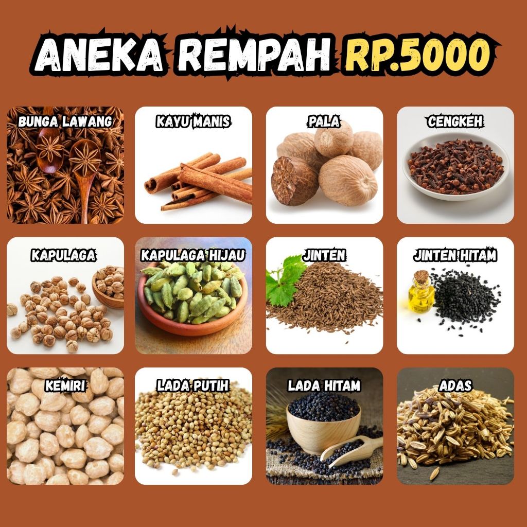 

REMPAH REMPAH BUMBU DAPUR LENGKAP - MERICA,KEMIRI, KETUMBAR,JINTAN,BIJI PALA,PEKAK LAWANG, KAPULAGA, JINTAN, ADAS, LADA HITAM, CENGKEH DLL