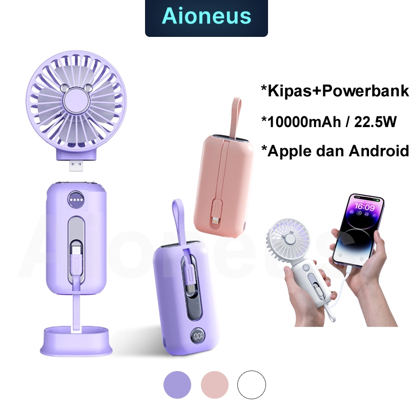 PowerBank 10000 mAh Fast Charging Power Bank Mini Portable Kipas Angin PowerBank with Dual Cables IO