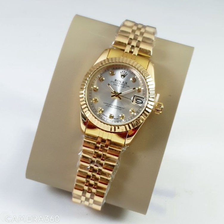 KODE H27K  BISA COD  Jam Tangan Wanita Rolex Original 3152 Tali Rantai Motif Gerigi Tanggal Aktif  U