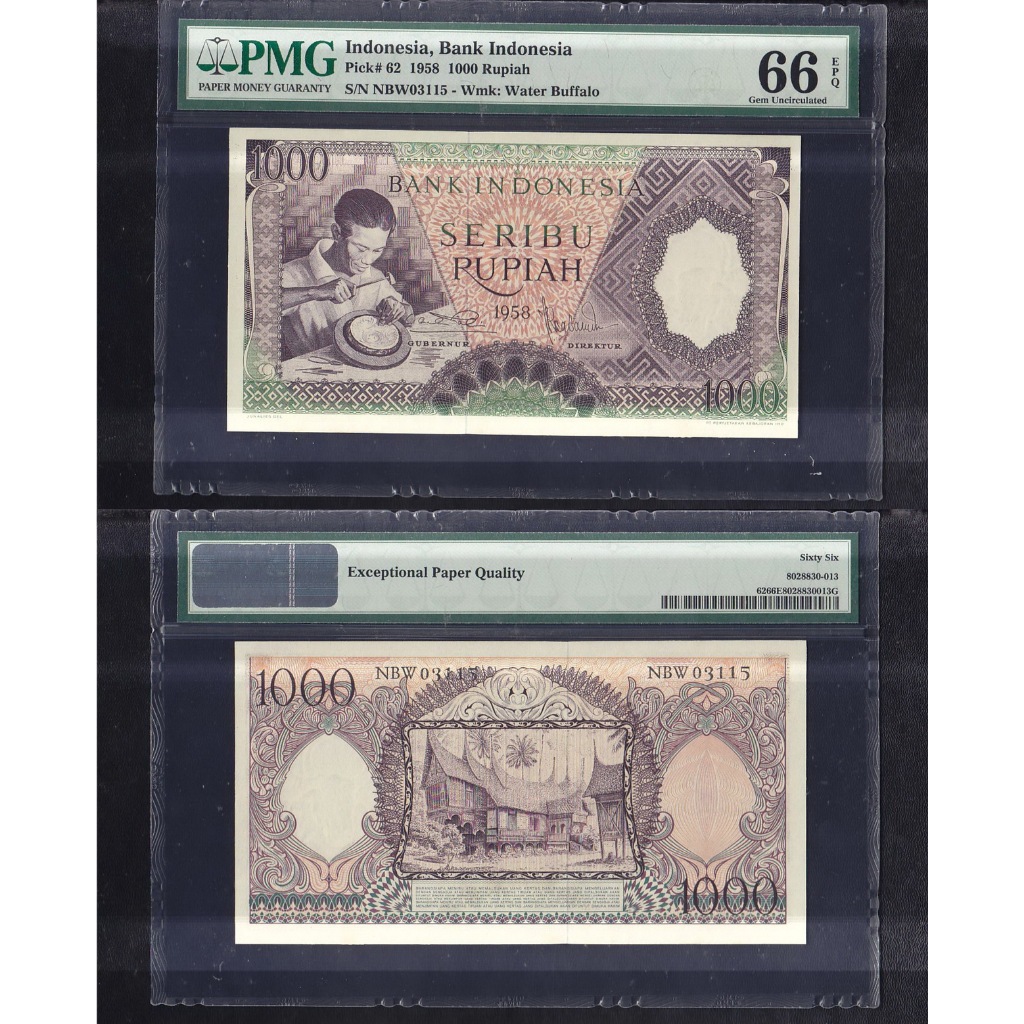 Uang kuno PMG 66 EPQ - 1000 rupiah (Violet) tahun 1958 seri Pekerja-1