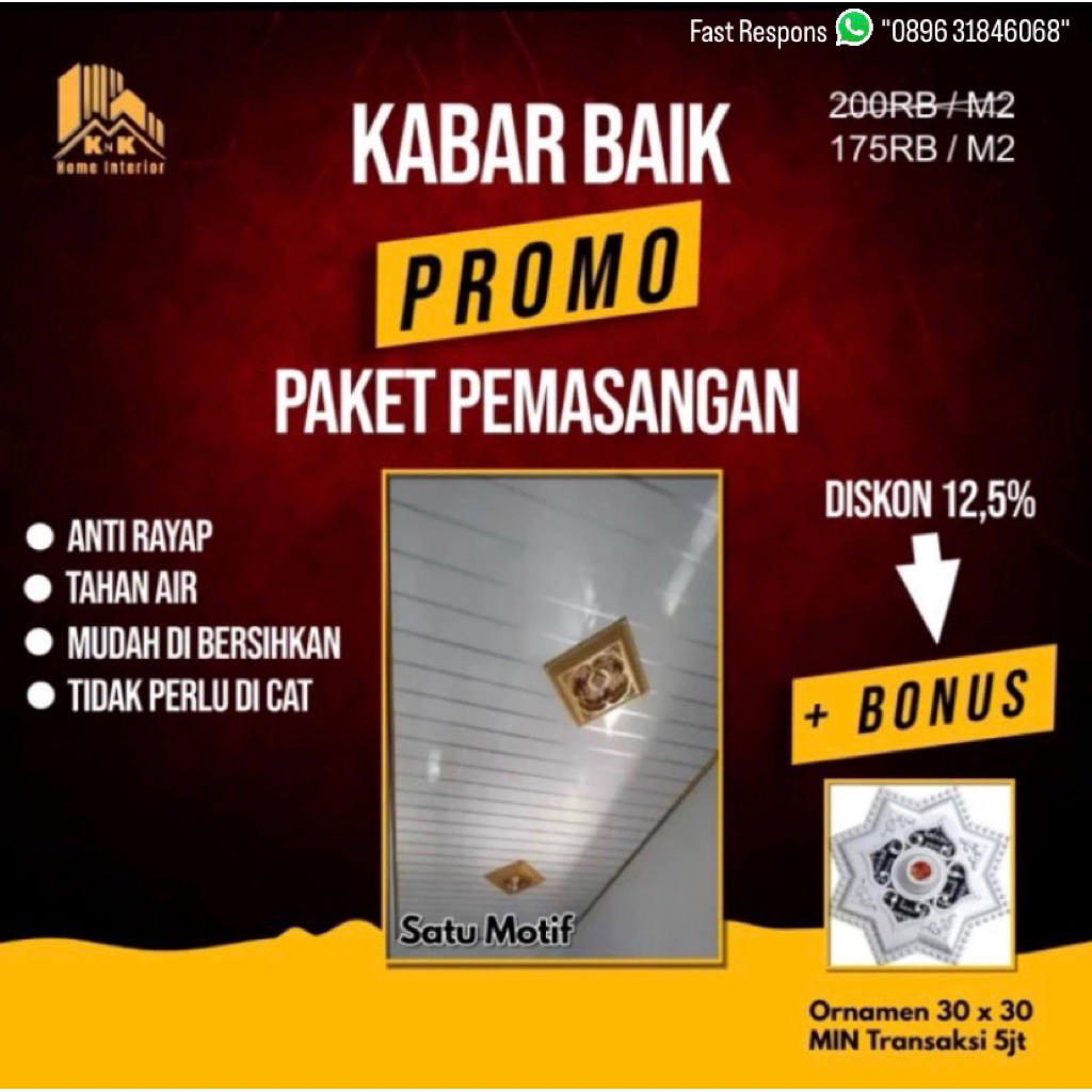 PEMASANGAN PLAFON PVC (JASA + MATERIAL)