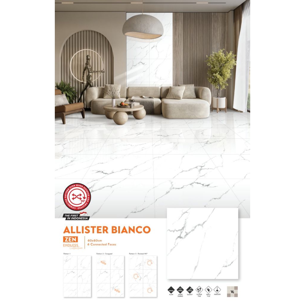 GRANIT MERK VELLINO TIPE ALLISTER BIANCO UKURAN 60X60 WARNA DASAR PUTIH MOTIF CORAK MARBLE ABU PERMU