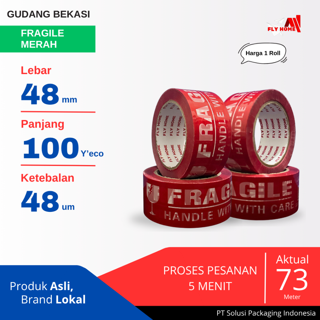 

FLYHOME 1Roll Lakban Fragile Merah 48x100Y 2inci Uk Besar ECO 100 Yard