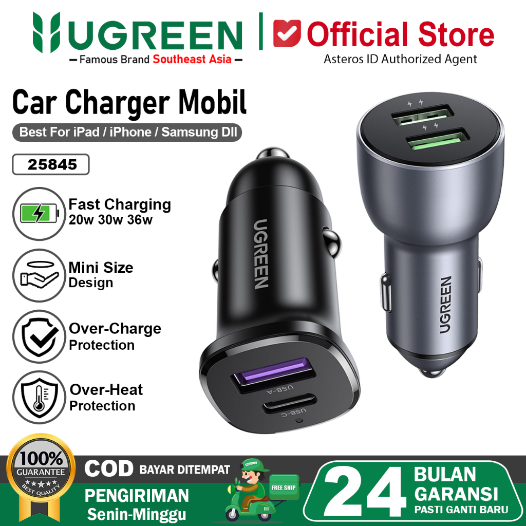 UGREEN Car Charger Mobil Dual Port USB A & Type C Fast Charging 30W 63W 145W
