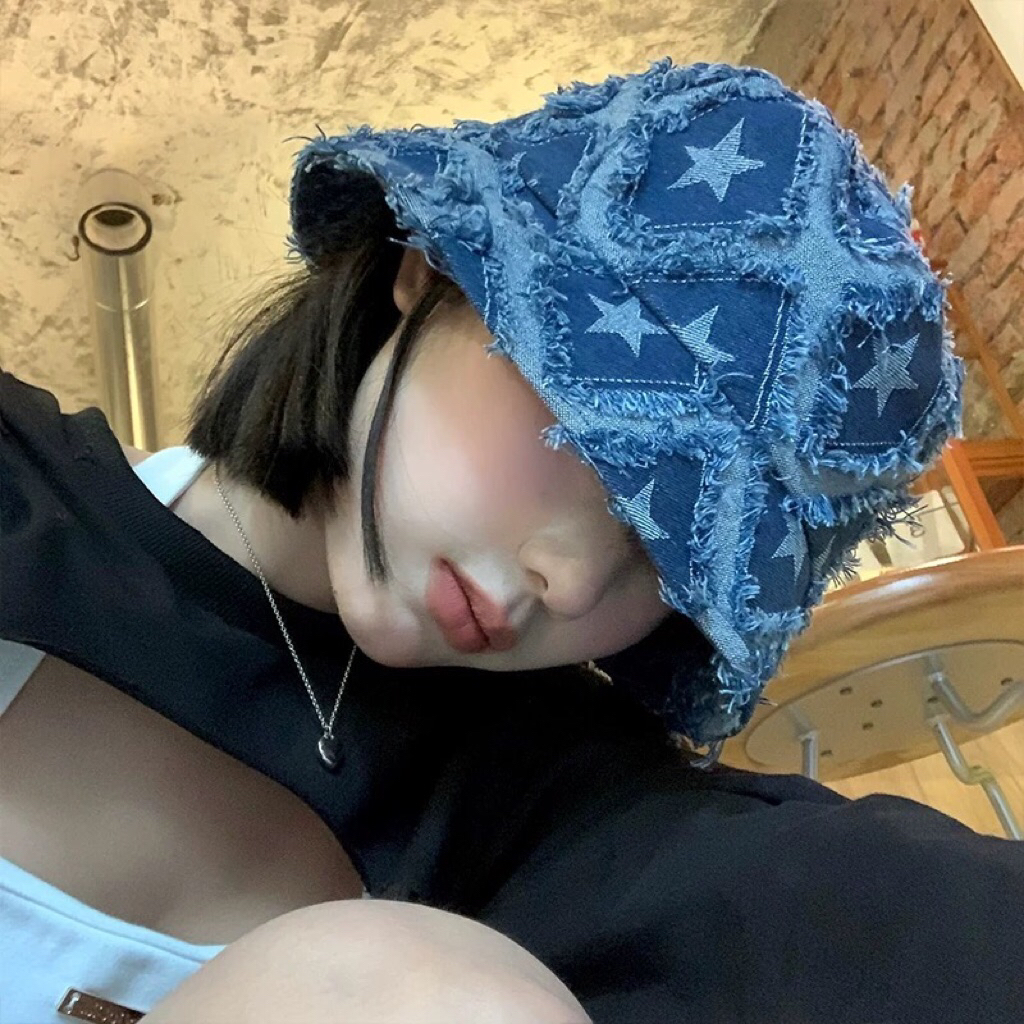 Topi Bucket Denim Patch Bintang – Streetwear Vintage Look [Import Korea]