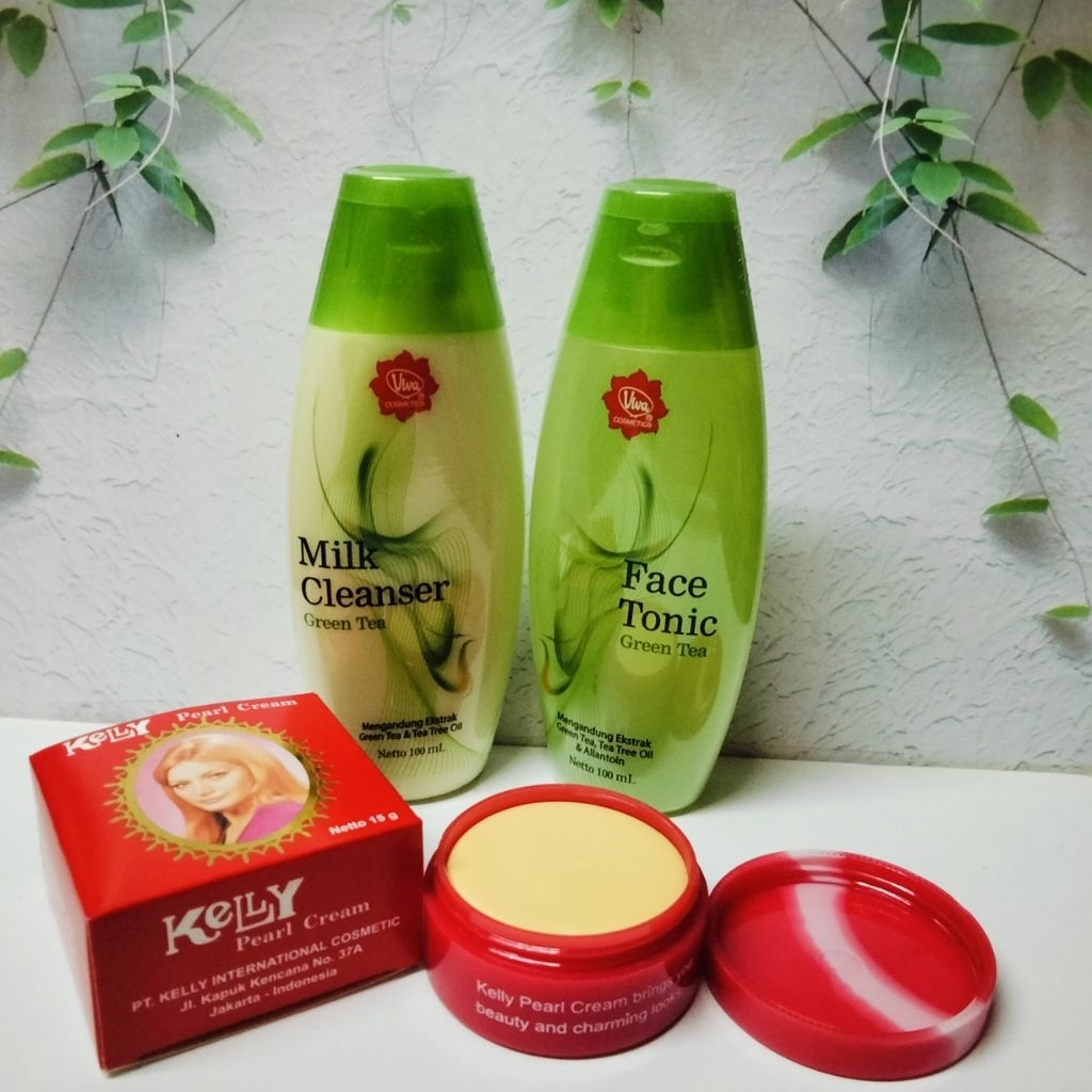 Paket Skincare Green Tea 3in1 Face Tonic & Milk Cleanser+Cream Kelly 15g