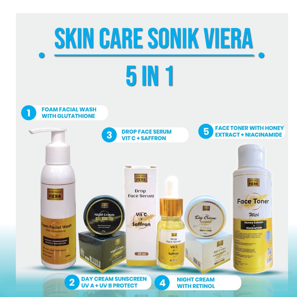 Paket 5  in 1  Sonik Viera Perawatan Wajah Sonik Viera: Day Cream, Night Cream, Facial Foam, Serum V