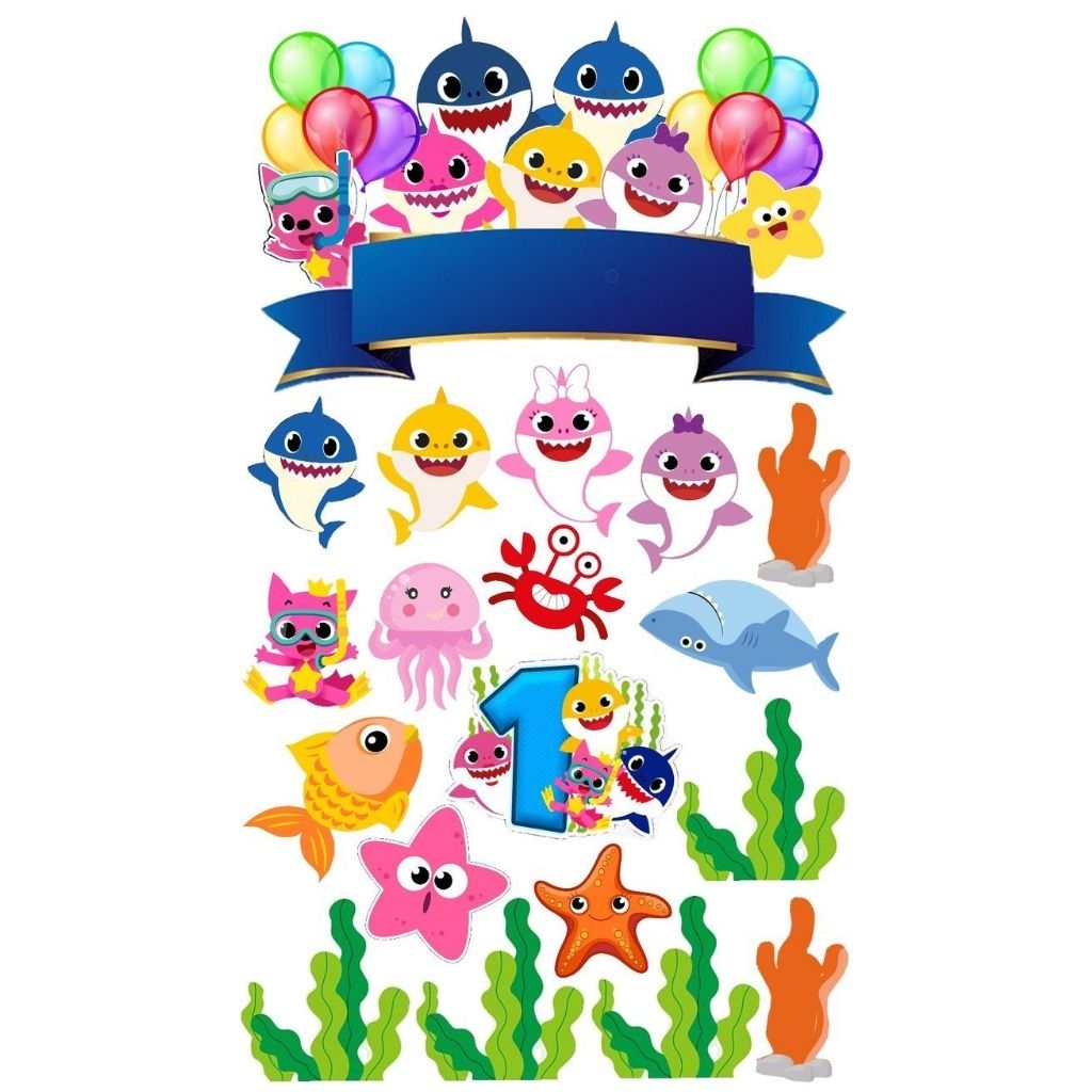 Topper Baby Shark Jumbo A4/ Topper Cake Happy Birthday / Hiasan Kue Ulang tahun/Kue Tar/Hiasan Buket