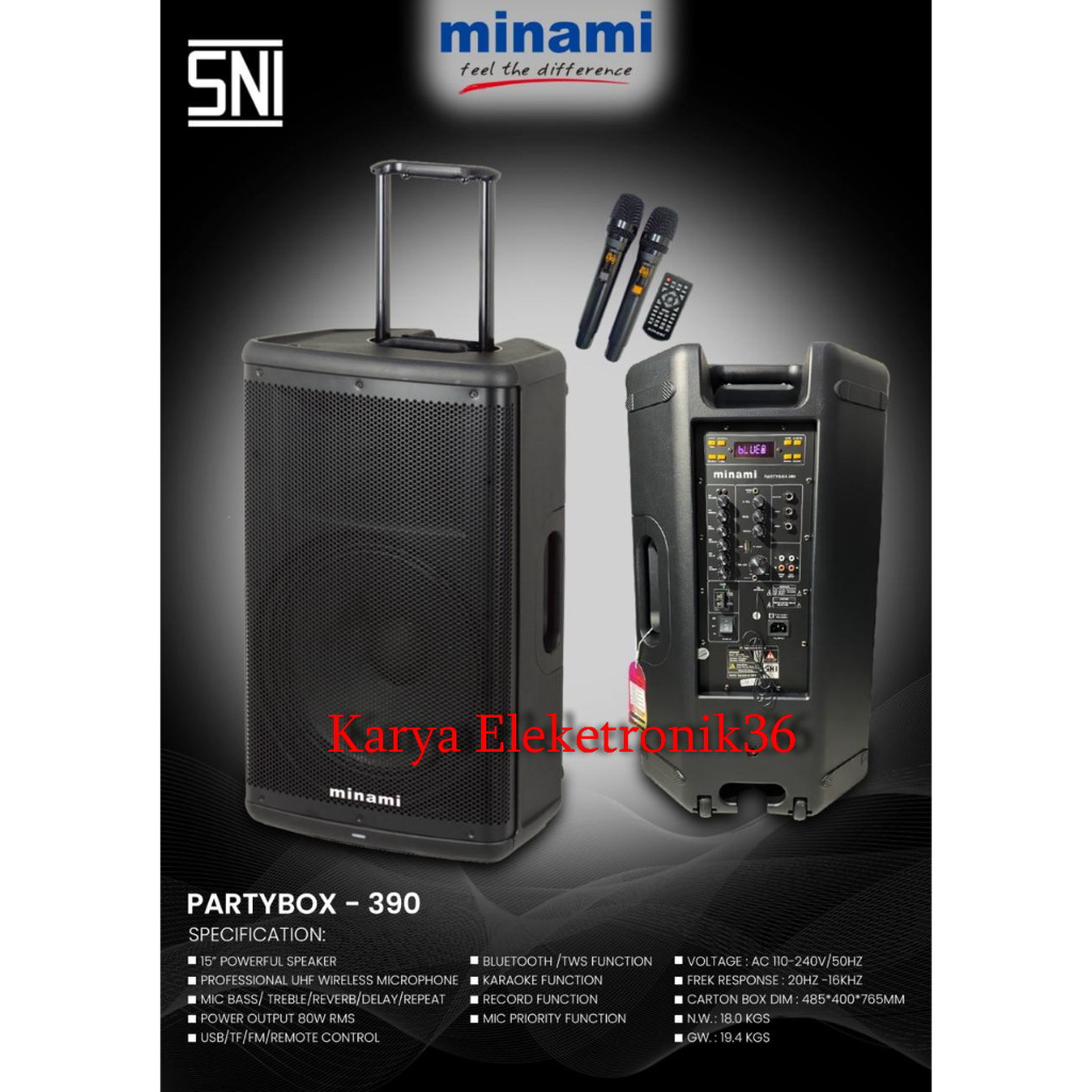 SPEAKER PORTABLE MINAMI PARTYBOX 390 / PARTYBOX -390 / PARTYBOX390 PREMIUM 2 MIC UHF ORIGINAL MINAMI