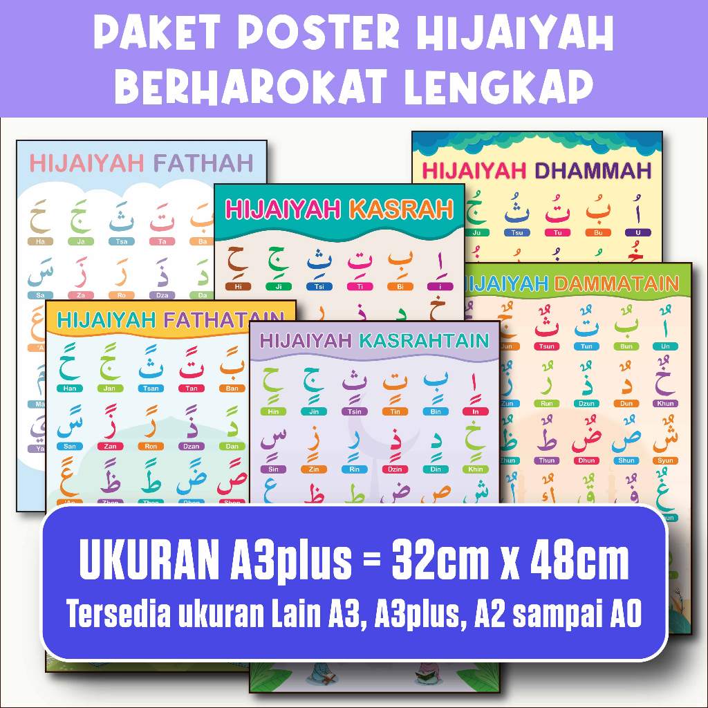 Poster Dinding Edukasi muslim islami Hijaiyah Asmaul Husna Sholat Doa sehari-hari Rukun islam iman A