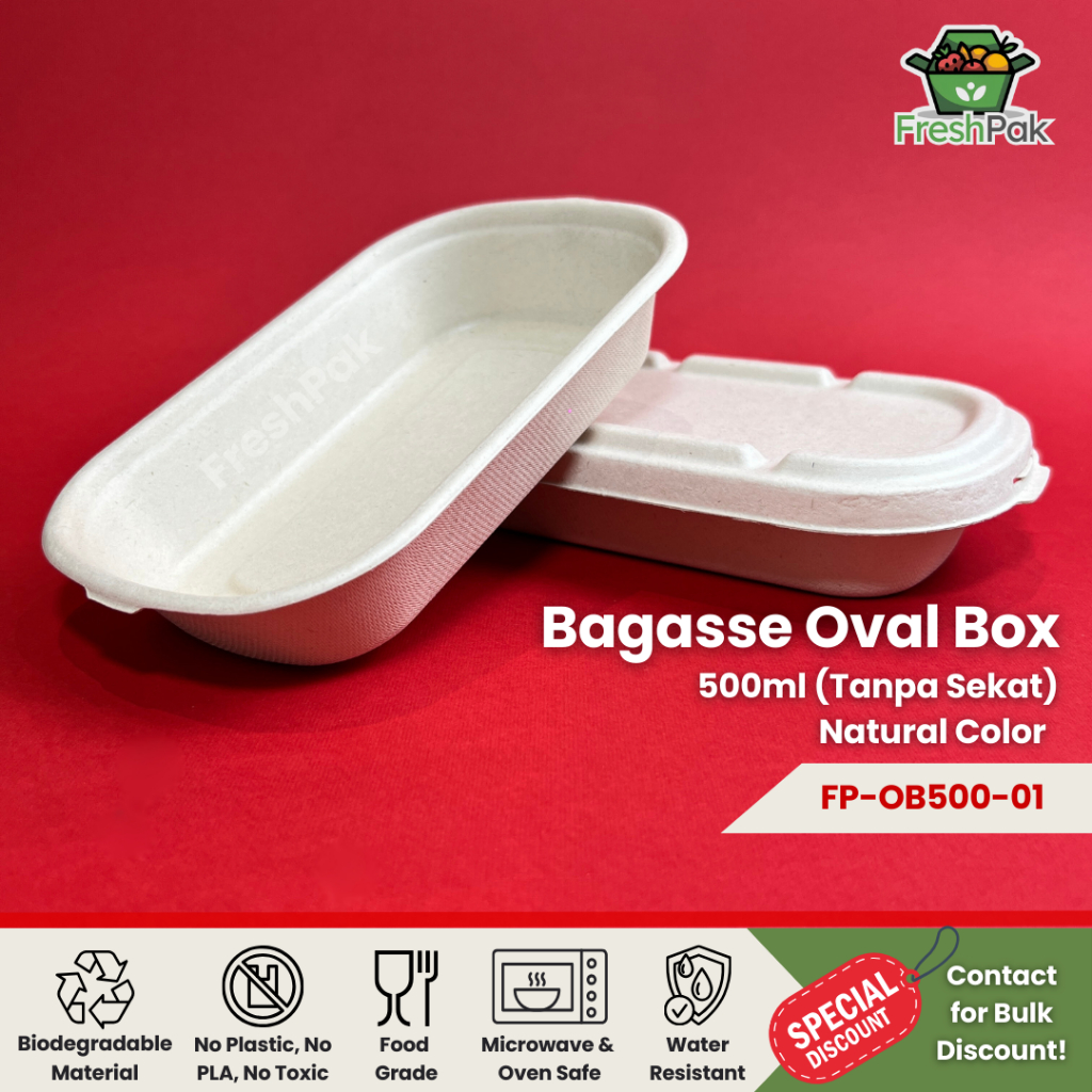 FreshPak Bagasse Oval Box 500 ml Sugarcane Eco Friendly Food Grade Lunch Bento Box Packaging Microwa
