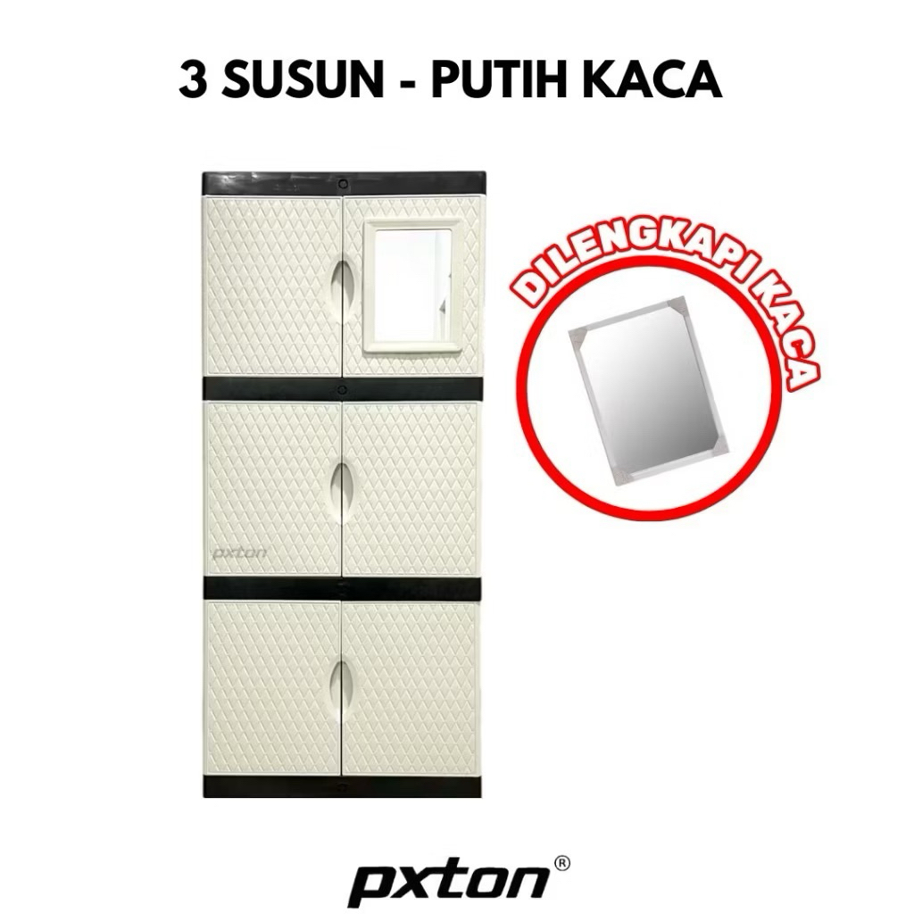 Pxton Lemari 3 Susun 2 Pintu Kaca / Lemari Plastik 3 Susun / Lemari Pakaian 3 Susun