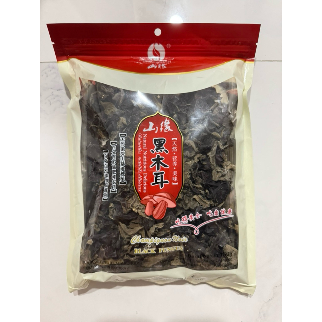 

Jamur Kuping Kering Hioko Dried Mushroom Premium Natural Champignon Noir Black Fungus | Shanyuan | Baru | 150gram | EXP DATE 12/30/2026