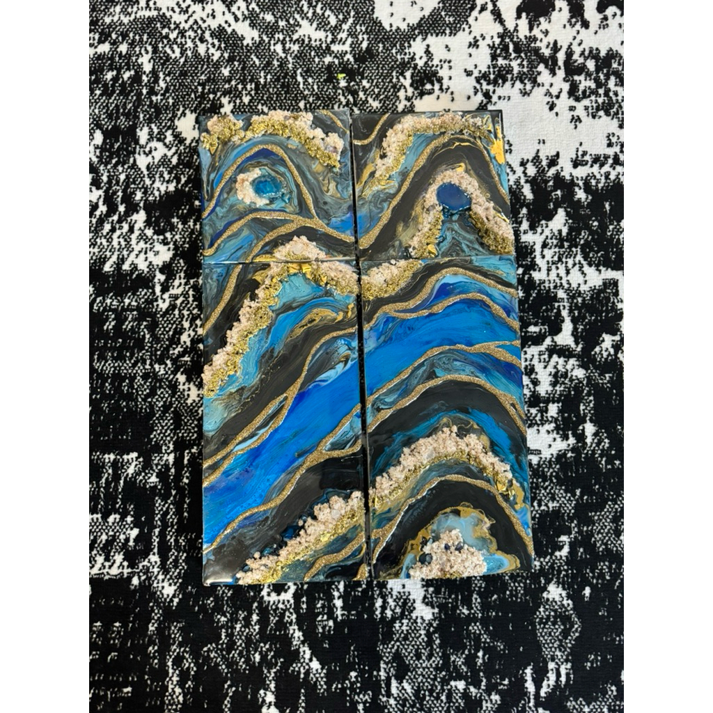 Lukisan Blue Geode Gold and black Pajangan dinding Resin Art Ebelymade