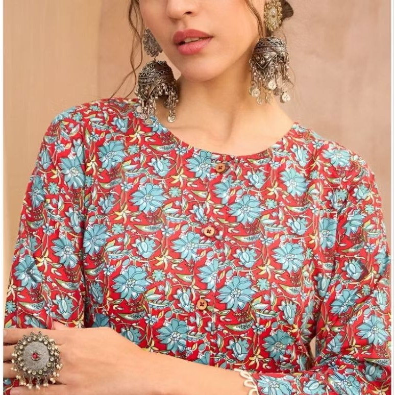 Kurta dengan Trousers/Celana Baju India Wanita Motif Bunga Merah dan Biru