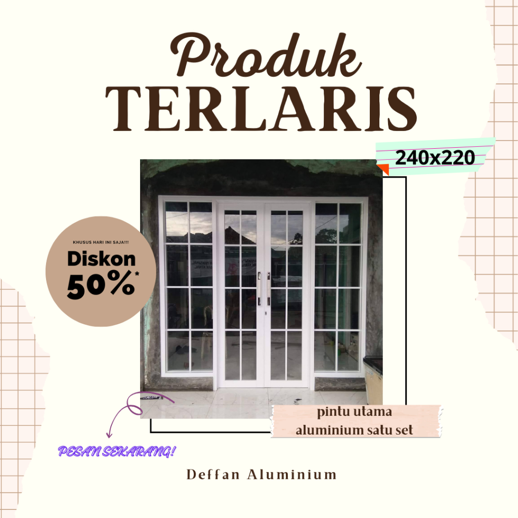 kusen pintu aluminium ornamen kupu tarung + kusen kaca mati kanan kiri satu set tinggal pasang ukura