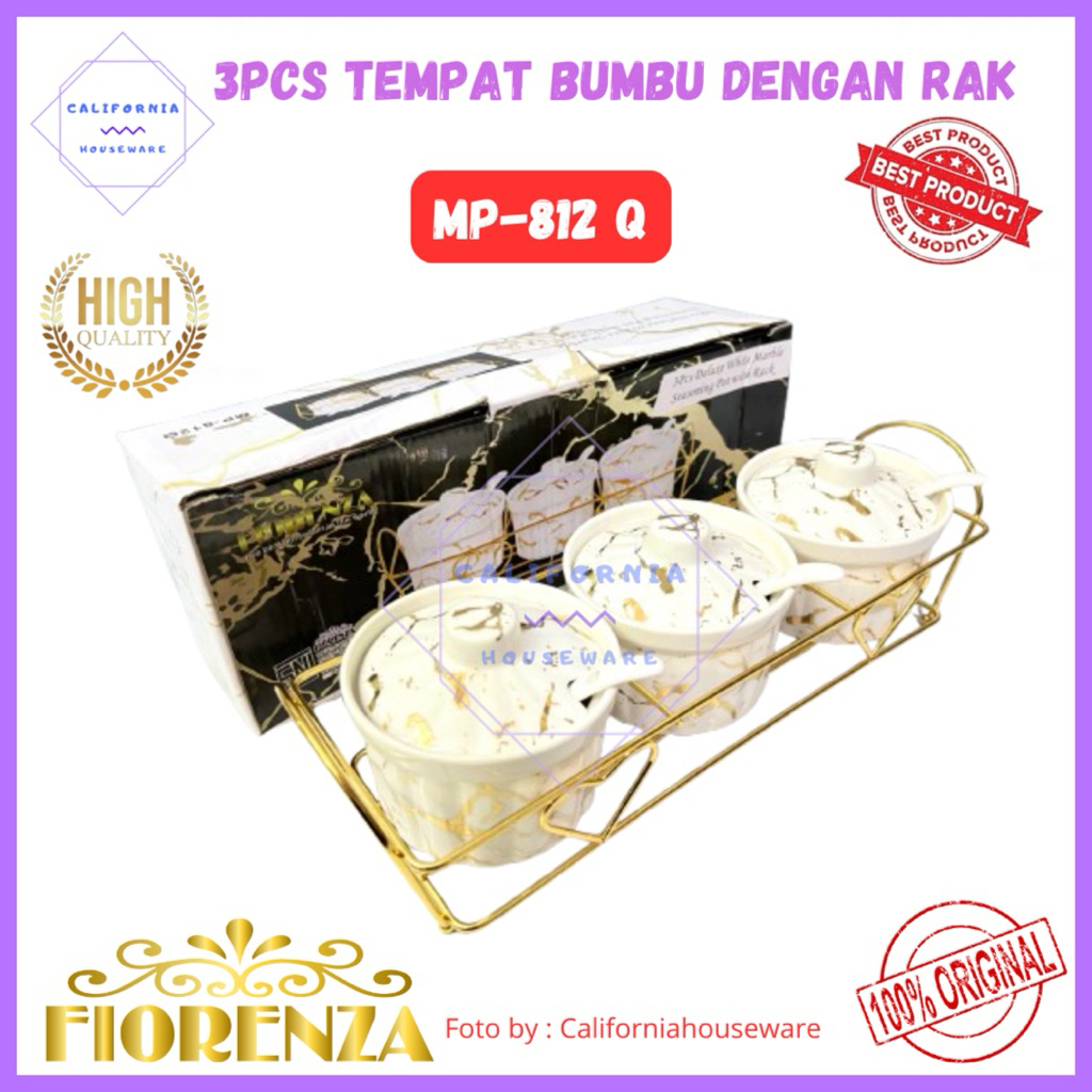 Tempat Bumbu Keramik Dengan Rak FIORENZA / 3pcs Tempat Bumbu Keramik FIORENZA