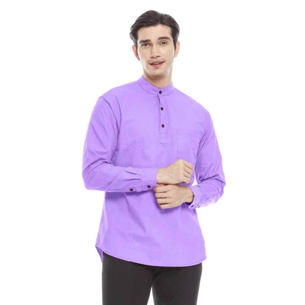 Milgo Kemeja Koko Ungu Lilac Pria Lengan Panjang Polos Slim Fit Premium Baju Kurta Muslim Cowok Kera