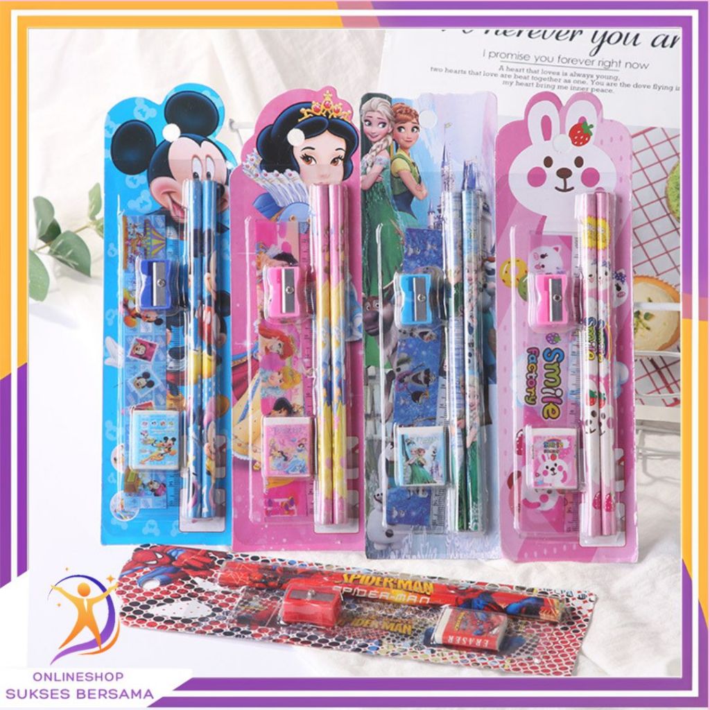 

OSB Stationery Set 5 in 1 Alat Tulis Anak Sekolah Penghapus penggaris Pensil Serutan Karakter Lucu t