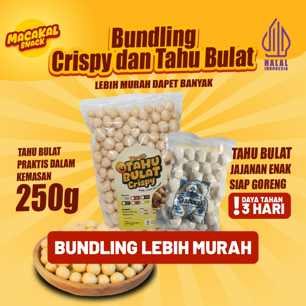 

Macakal - Bundling Tahu Bulat Mentah Isi 50 & Tahu Bulat Mini Kering Crispy 250g | Camilan Renyah & Siap Goreng Khas Ciamis