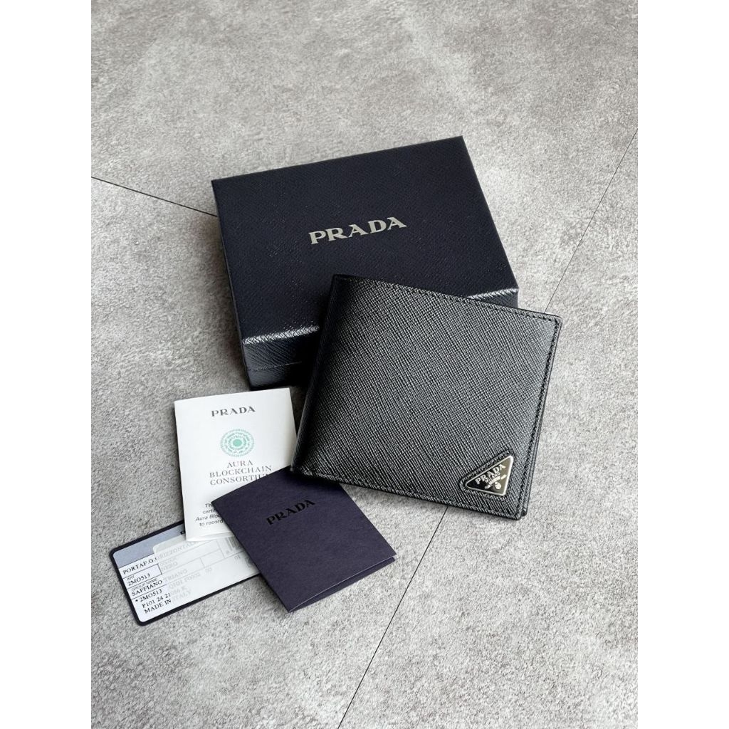 PRADA Triangle Logo Bifold Saffiano Wallet Black All Card