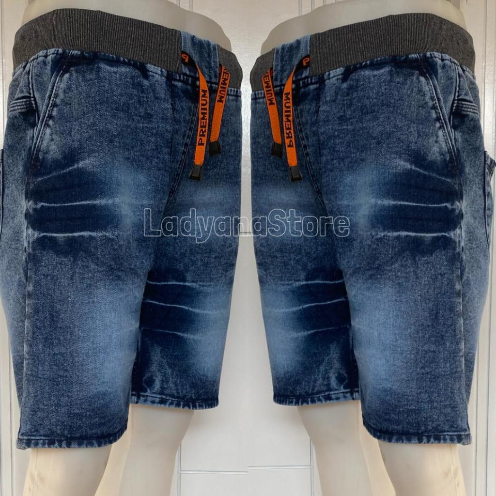 Celana Pendek Ringkel Pria Jeans Warna Snow Blue Biru Black Hitam Cowo Cowok Laki Pinggang Karet Mel
