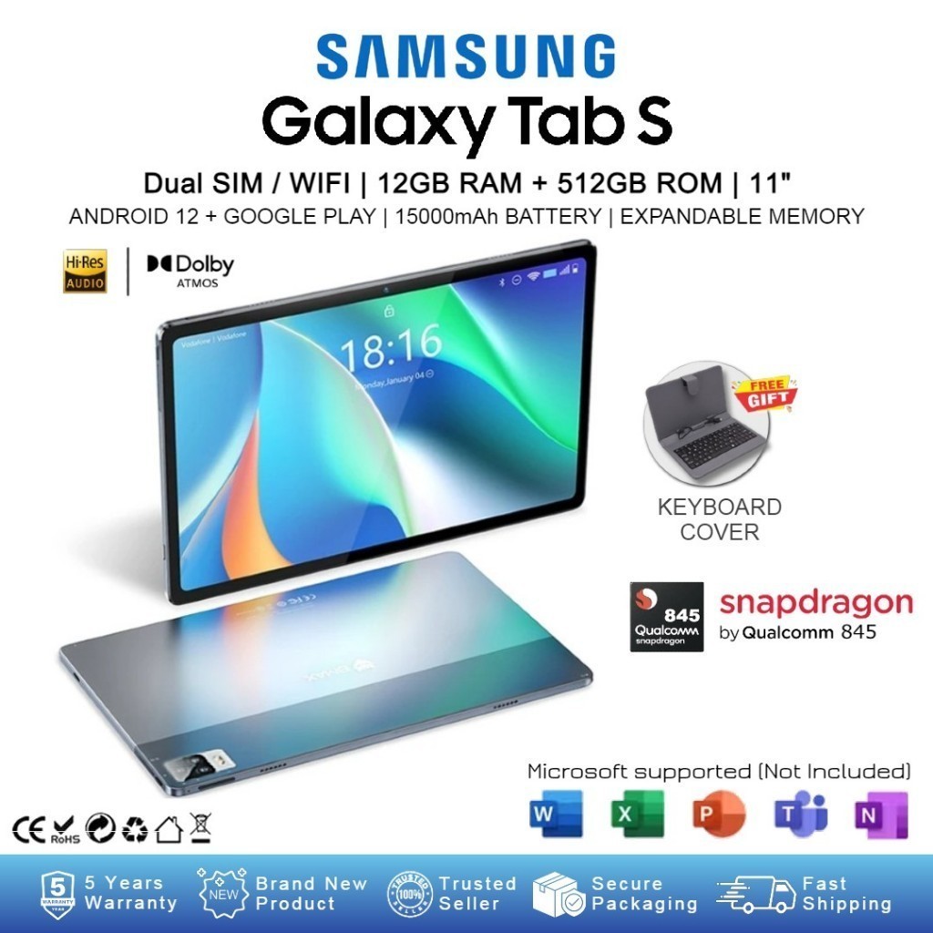 2025 Samsung 11" Tablet | 12GB RAM + 512GB ROM | Dual SIM | 5G/4G LTE | Android 12 | Ready Stock