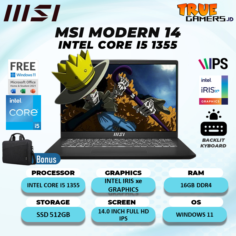 Laptop Msi Modern 14 Core i5-1334 RAM 8GB 1TB SSD Windows 11+Office Home 14.0" FHD IPS