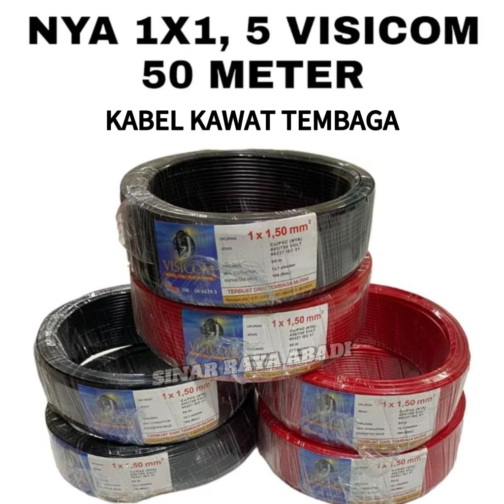 Kabel LISTRIK NYA 1x1, 5 VISICOM 50 meter tembaga murni 100%, kabel engkel 1,5 visicom original 100%