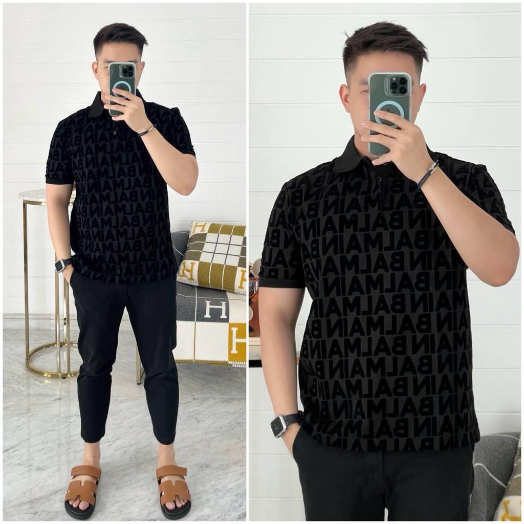 Balmain Polo Shirt Black Logo Monogram 