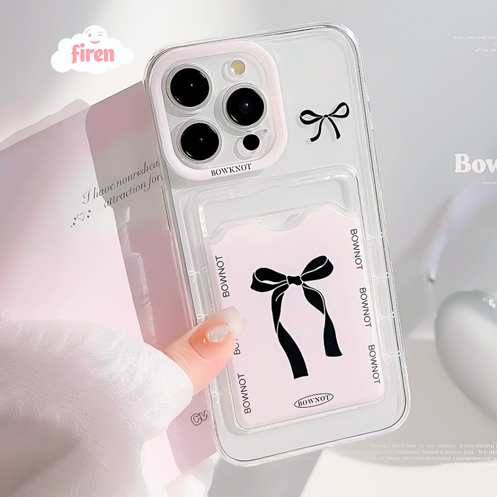 FIREN I Soft Case Ribbon Hitam List Camera Pink Bening Simple Ada Tempat Card Kekinian Trendy Casing