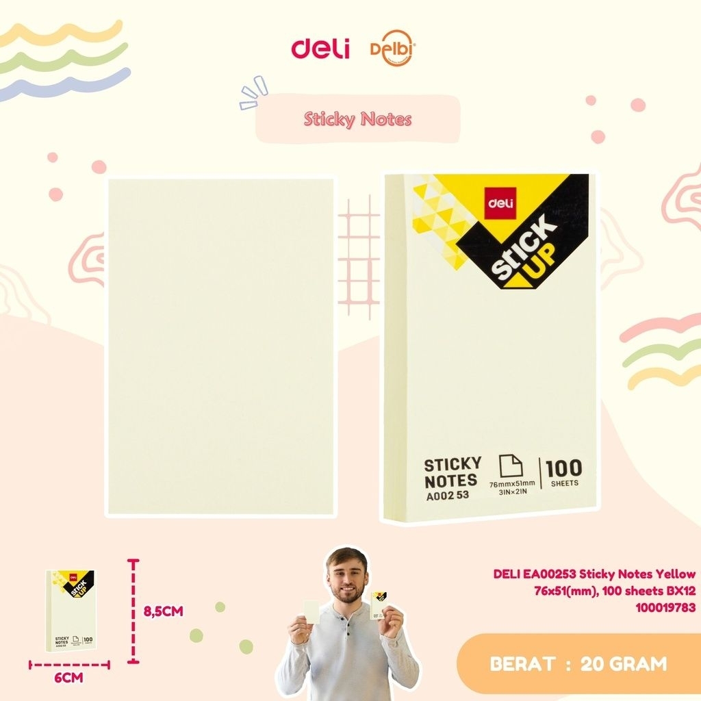 

DELI EA00253 Sticky Notes Yellow 76x51(mm), 100 sheets BX12 BX288