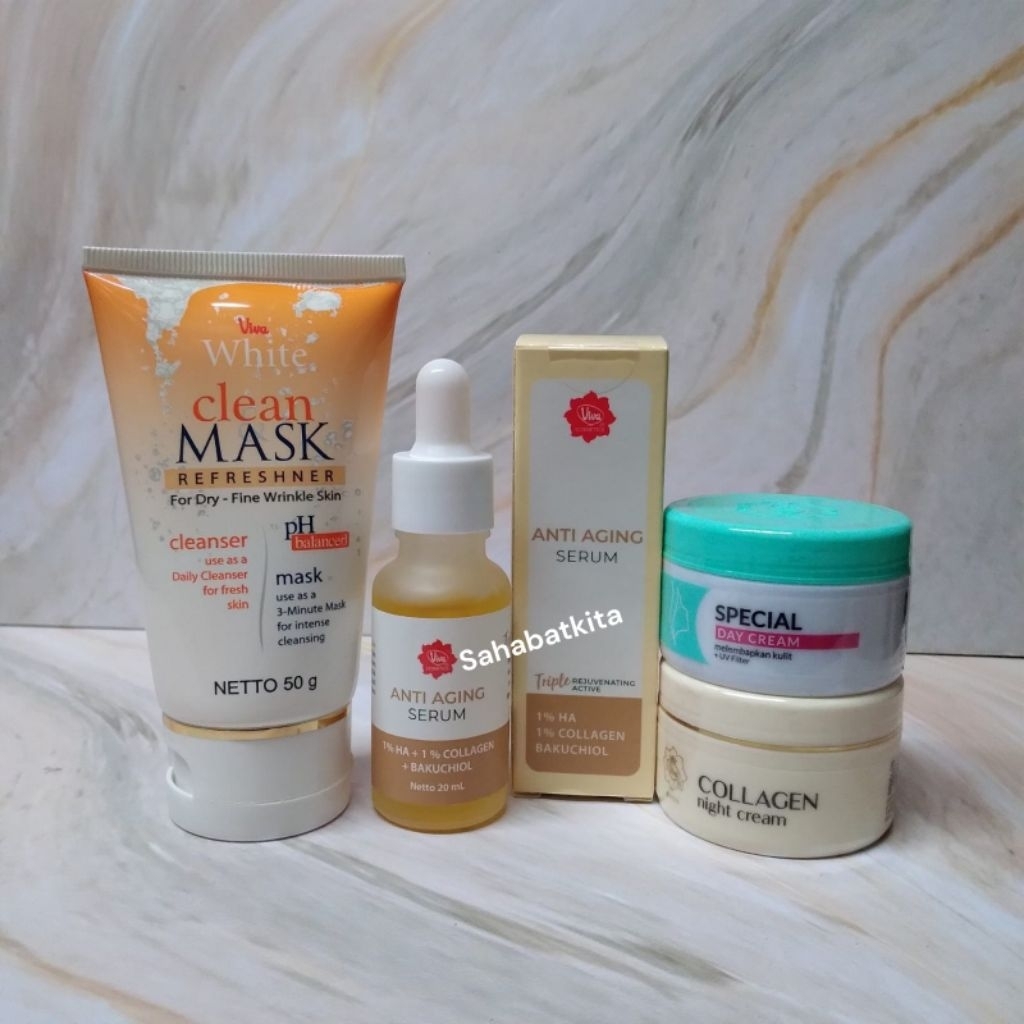 Paket Viva Cosmetics Cream Siang Dan Malam+Serum Anti Aging+Clean Mask Fine Wrinkle Skin