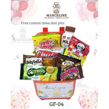 

Hampers ulang tahun murah. Bingkisan snack ulangtahun anak, free design tema Dan pita