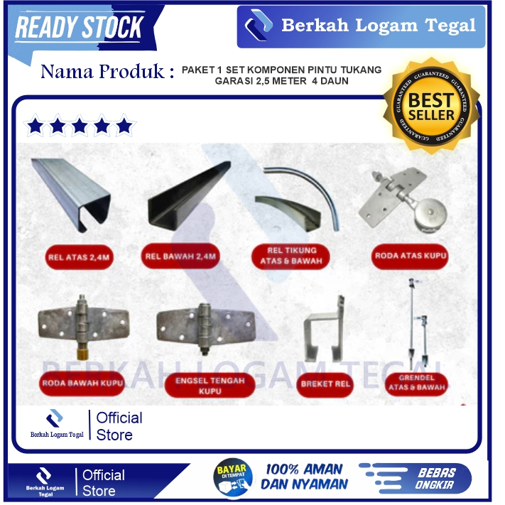 Paket Komponen Pintu Garasi Tikung 2,5 Meter 4 Daun | Full Set Rel, Roda, Engsel Kupu - Aksesoris pi
