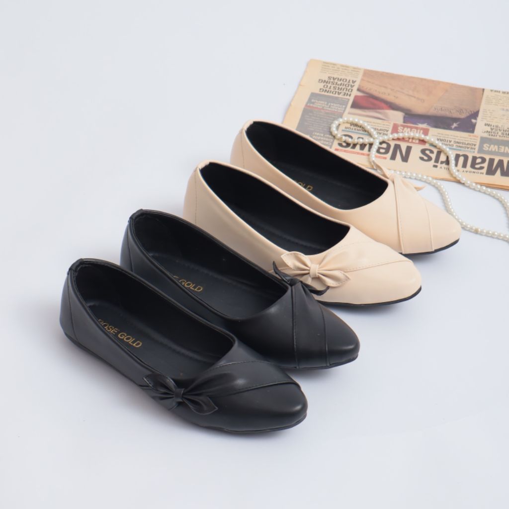 Sepatu Balet Wanita Sepatu Flatshoes Wanita Korean Style Hitam Cream