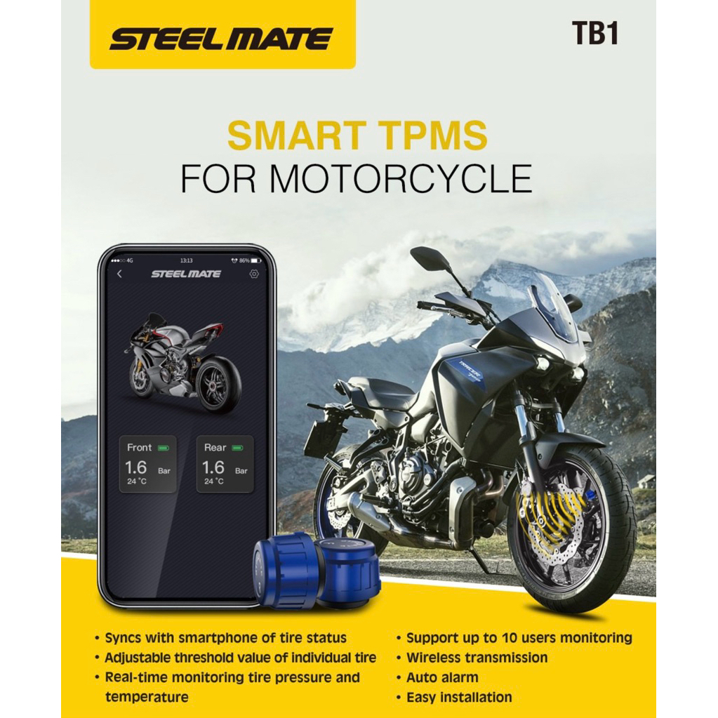 Motorcycle TPMS Steelmate TB1 Android & iOS Smartphone (Original Steelmate), Pengukur Tekanan Ban Mo