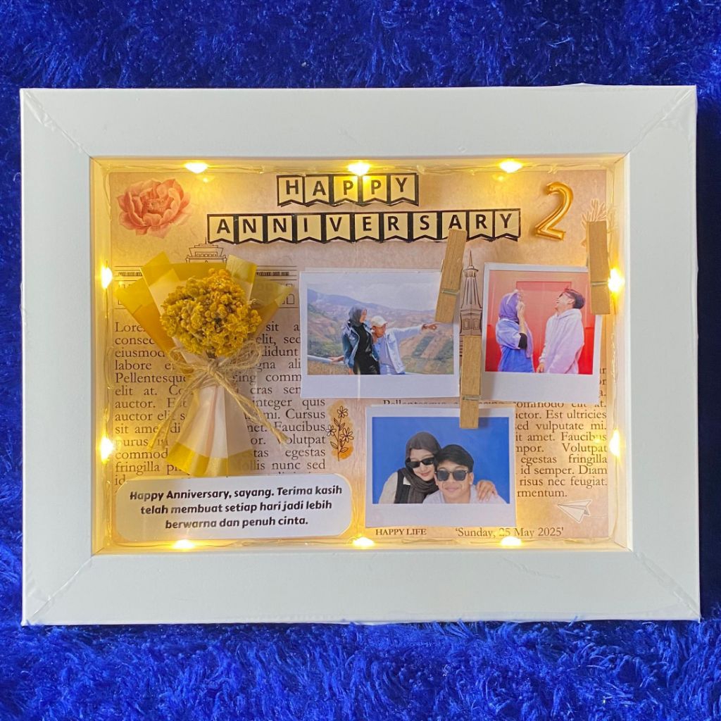 Bingkai foto custom 3D lampu led bunga ucapan ukuran 10R dan 6R bingkai kado anniversary ulang tahun
