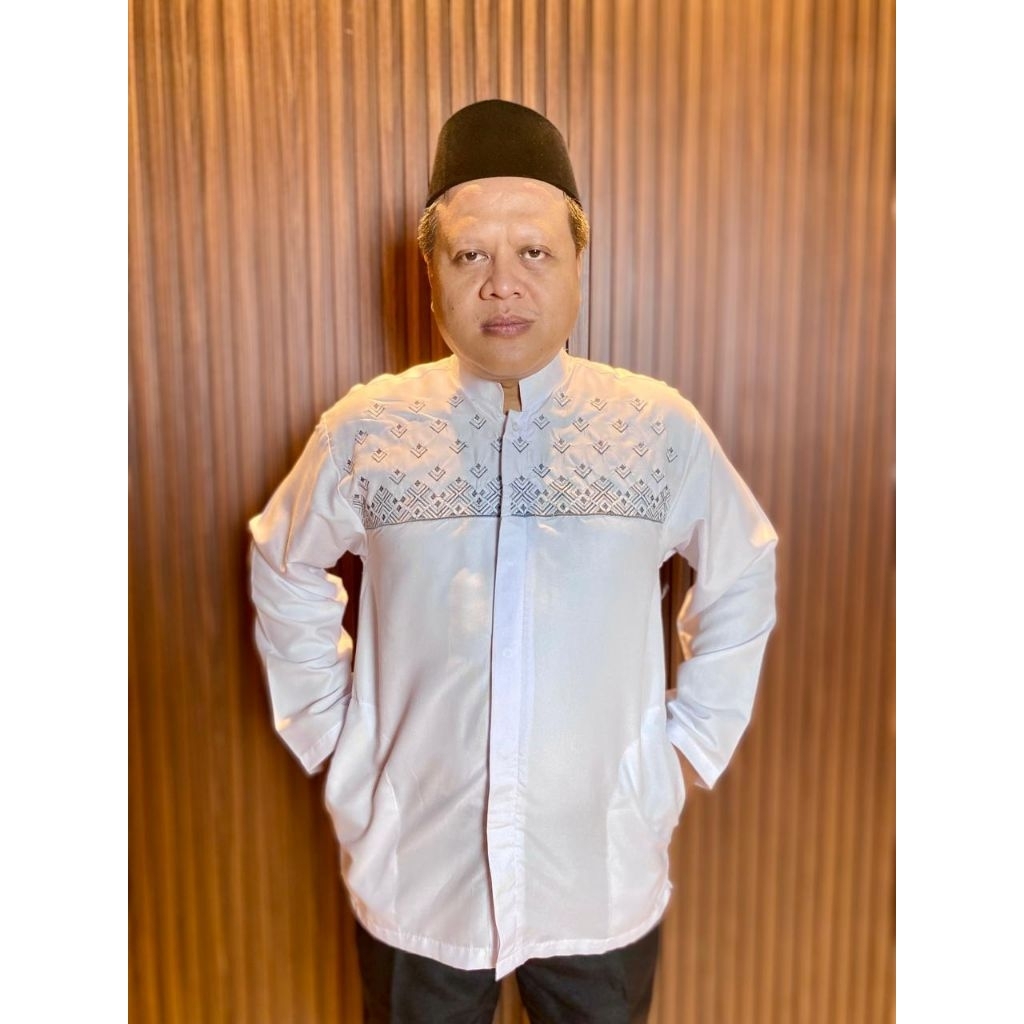 Baju Koko Pria Dewasa Putih Lengan Panjang Kombinasi Bordir Bahan Katun Adem